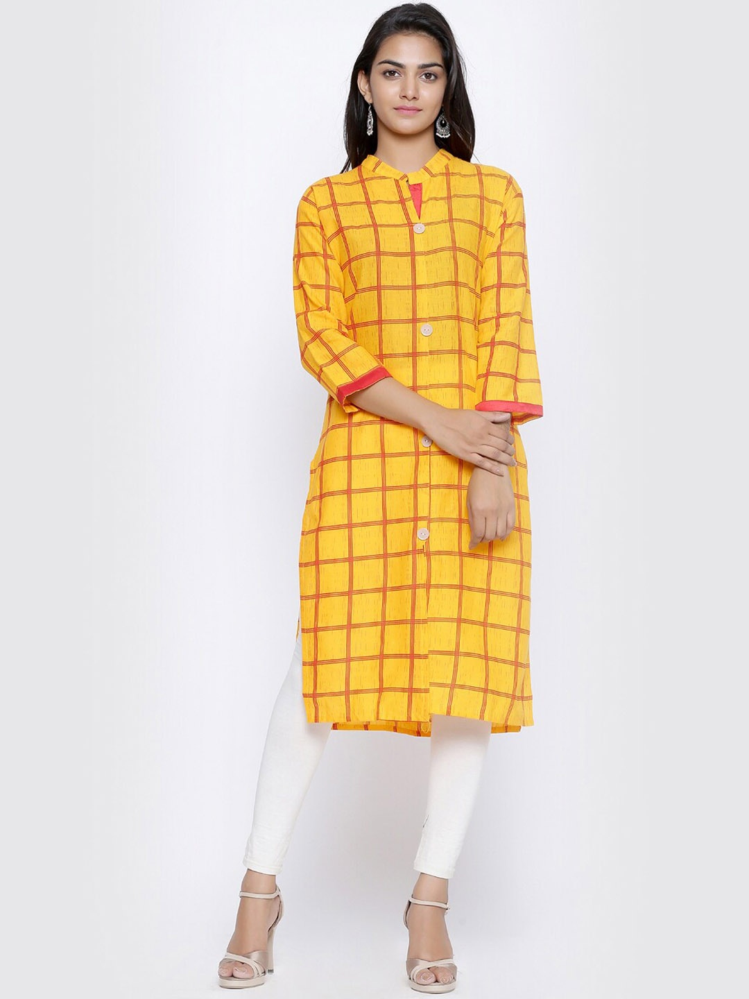 

SOUNDARYA Checked Mandarin Collar Regular Cotton Kurta, Yellow