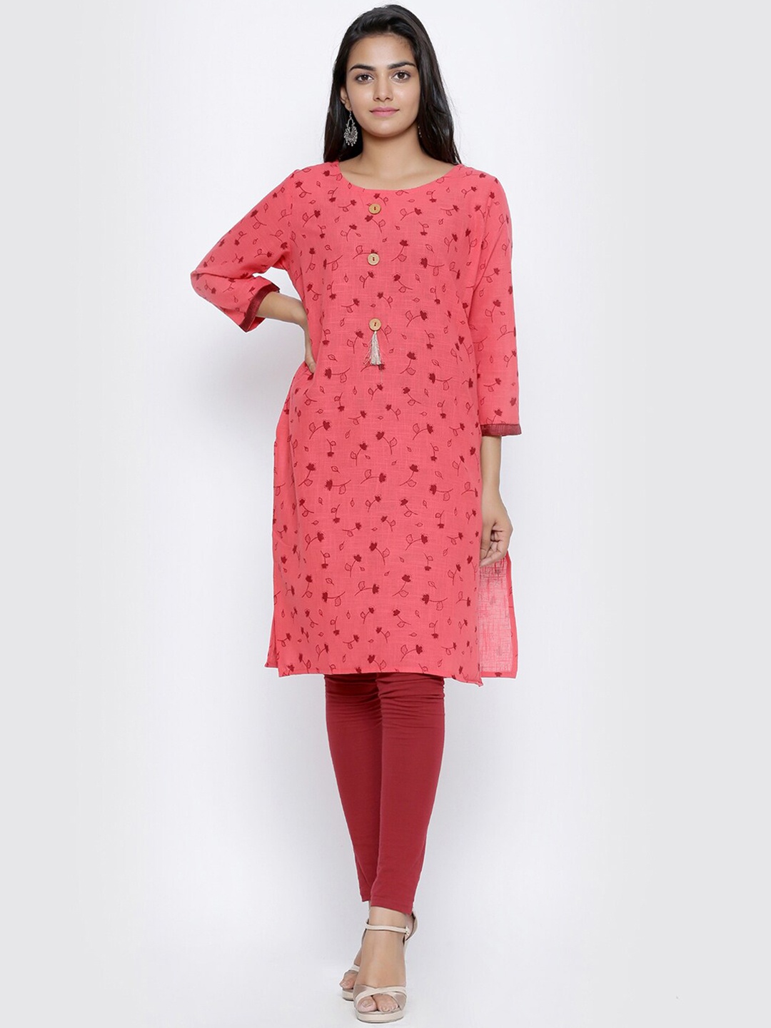 

SOUNDARYA Floral Printed Boat Neck Pure Cotton Kurta, Coral