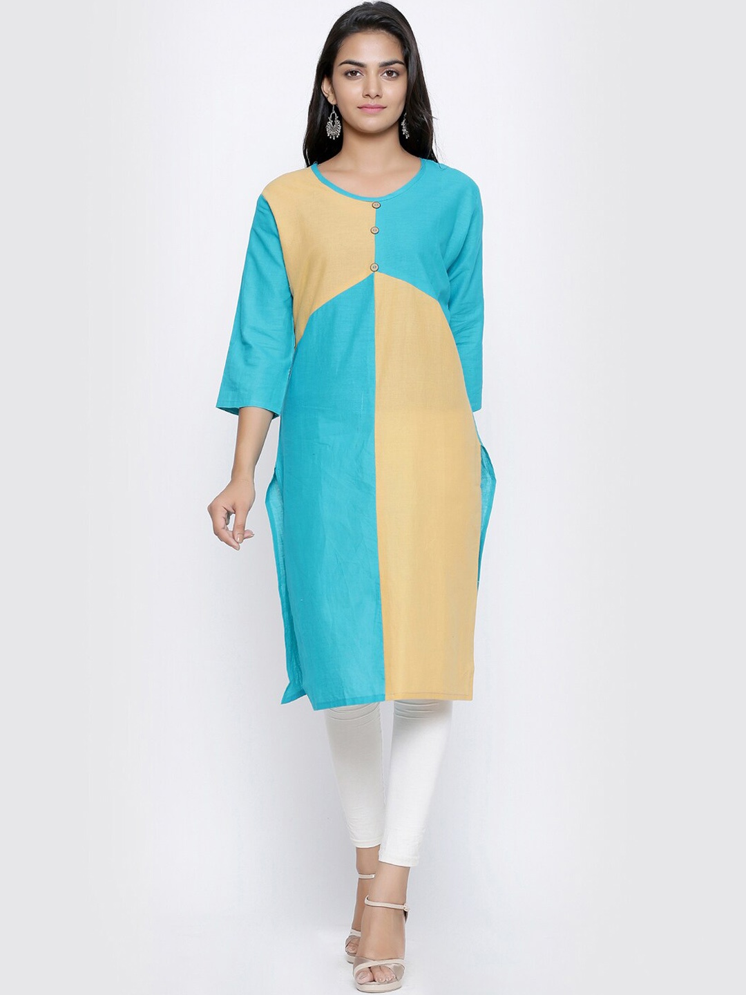 

SOUNDARYA Women Colourblocked Cotton Kurta, Turquoise blue