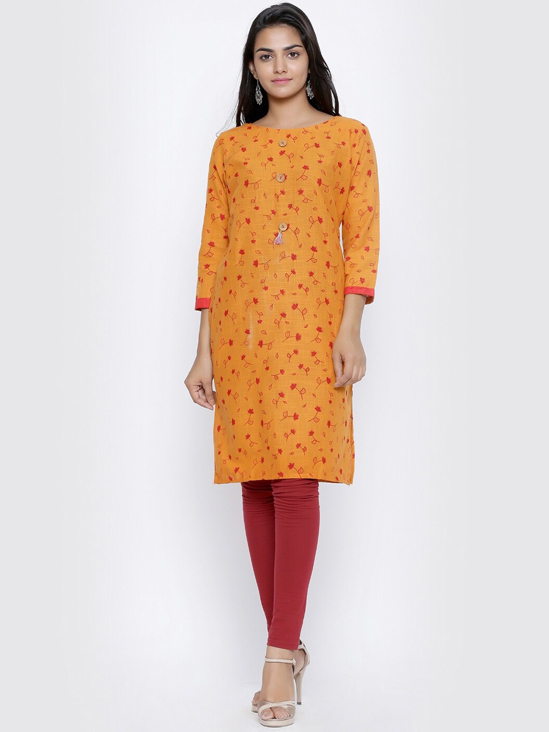 

SOUNDARYA Women Floral Printed Cotton Kurta, Mustard