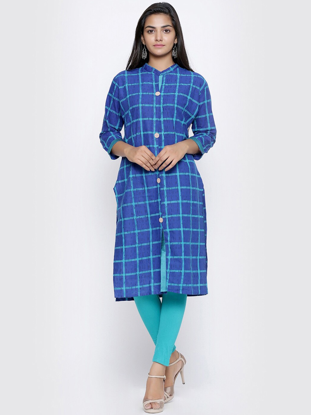 

SOUNDARYA Checked Mandarin Collar Zari Cotton Kurta, Blue