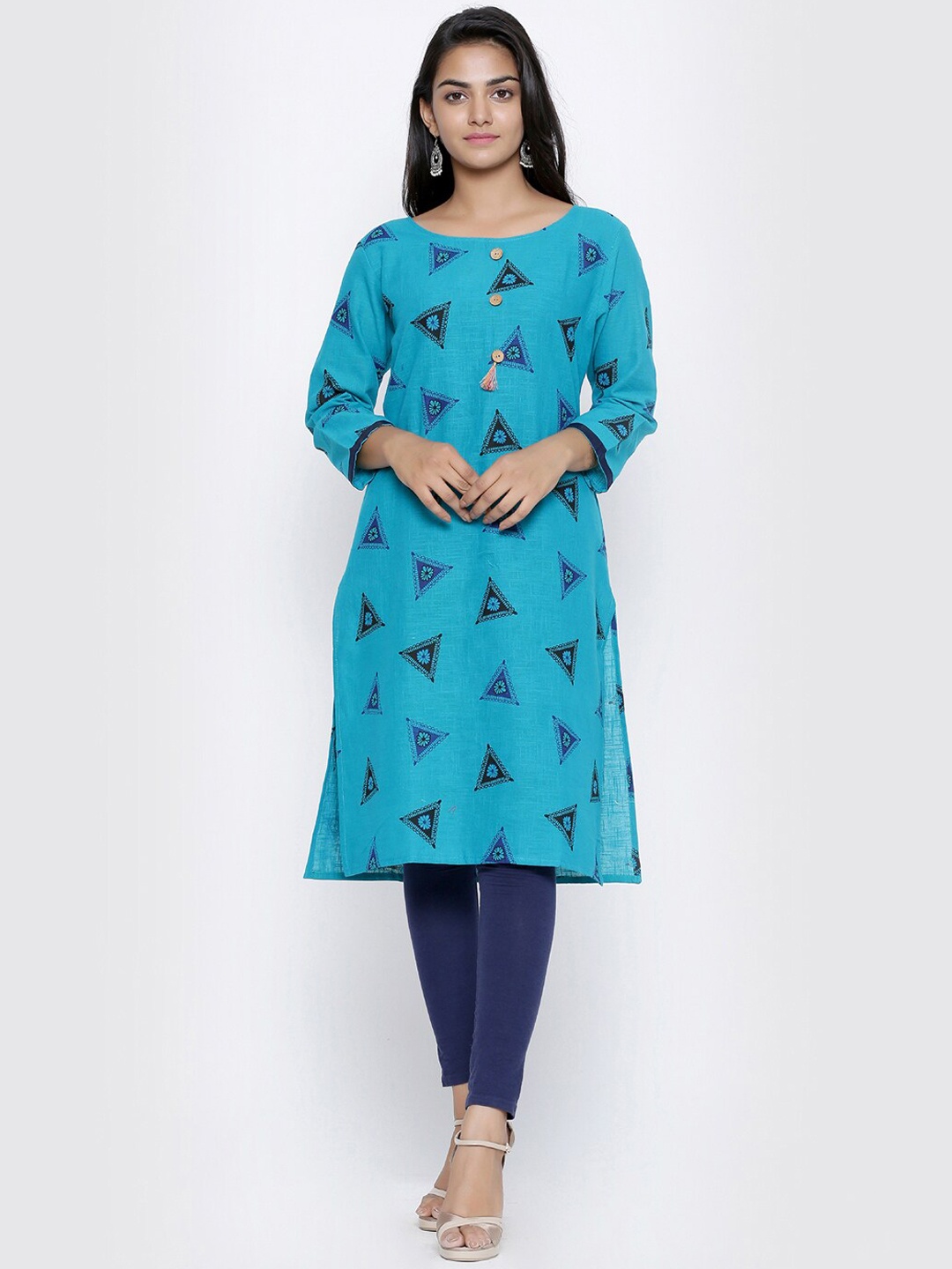 

SOUNDARYA Paisley Flared Sleeves Thread Work Cotton Kurta, Turquoise blue