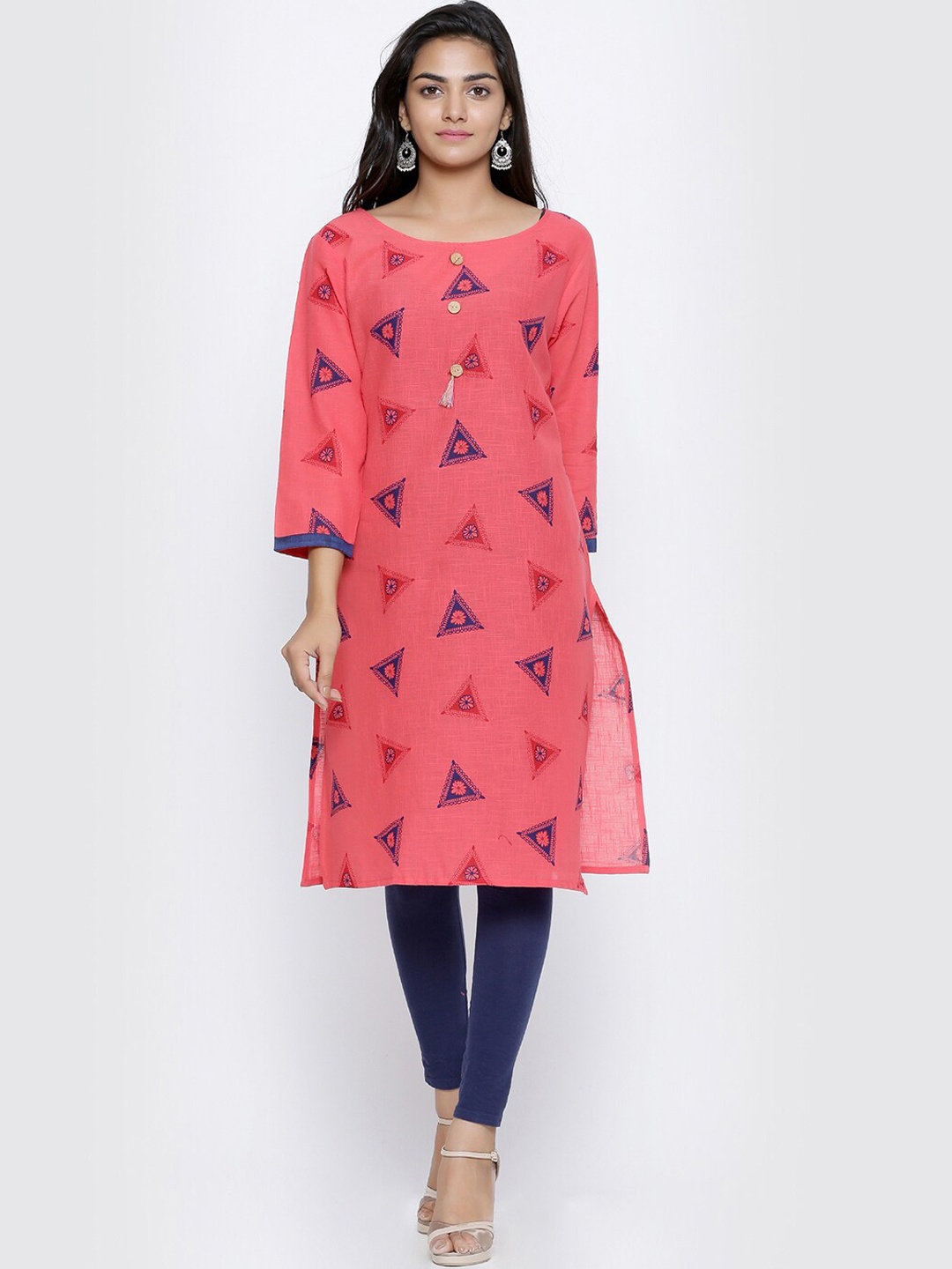 

SOUNDARYA Geometric Printed Zari Round Neck Pure Cotton Kurta, Coral