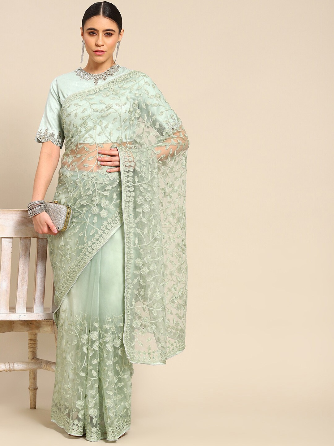 

Ambuja International Floral Embroidered Net Saree, White