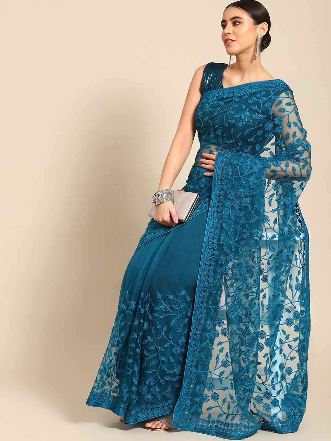 

Ambuja International Floral Embroidered Net Saree, Teal