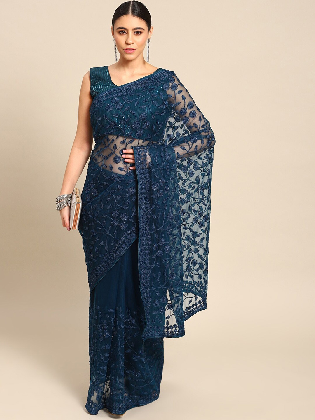 

Ambuja International Floral Embroidered Net Saree, Blue