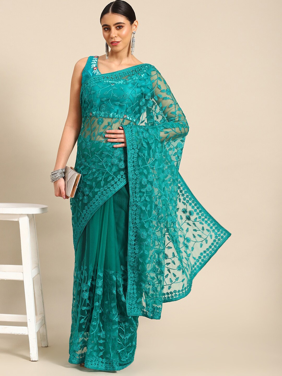 

Ambuja International Floral Embroidered Net Saree, Sea green