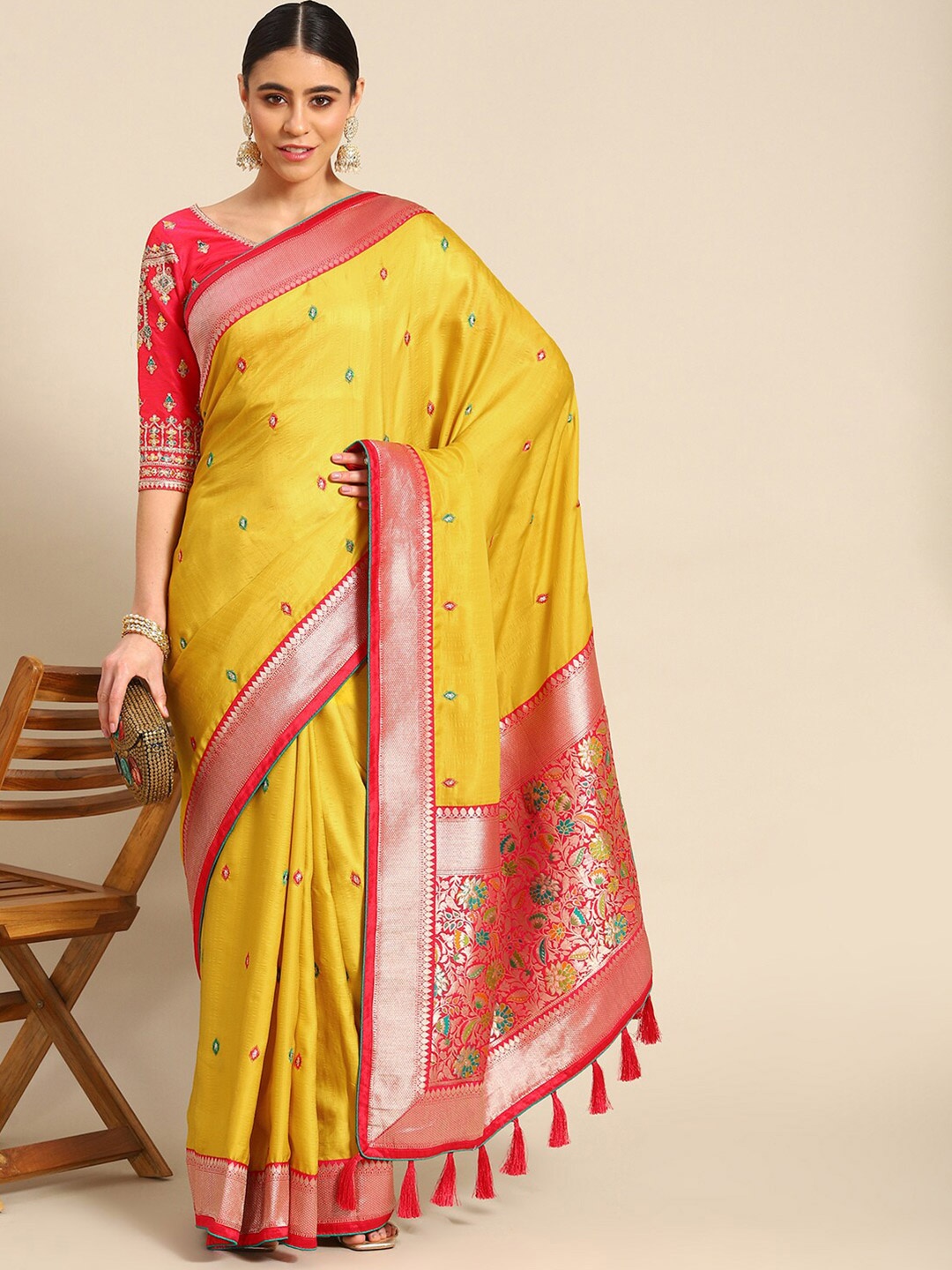 

Ambuja International Woven Design Zari Pure Silk Banarasi Saree, Yellow