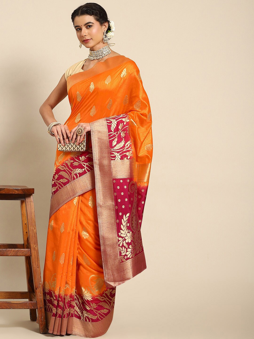 

Ambuja International Ethnic Motifs Zari Banarasi Saree, Orange