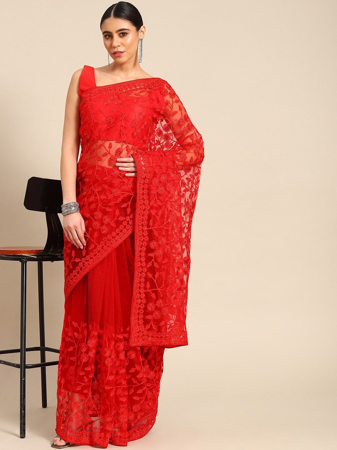 

Ambuja International Floral Embroidered Net Saree, Red