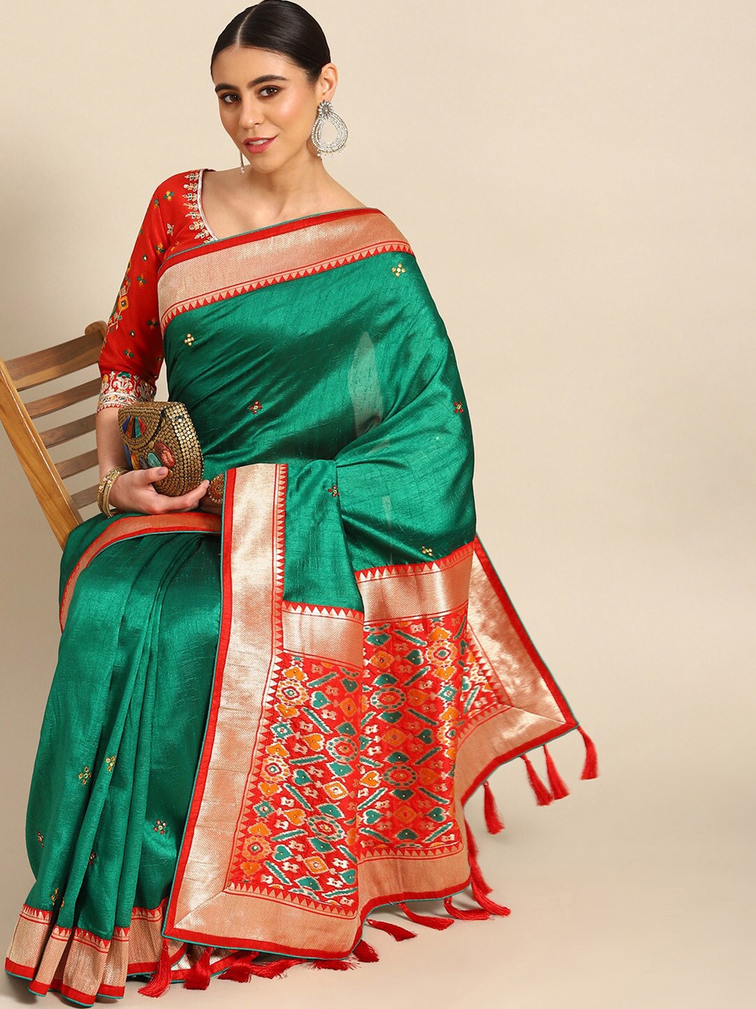 

Ambuja International Ethnic Motifs Zari Pure Silk Banarasi Saree, Green