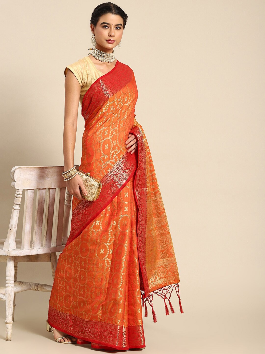 

Ambuja International Ethnic Motifs Zari Silk Blend Banarasi Saree, Orange