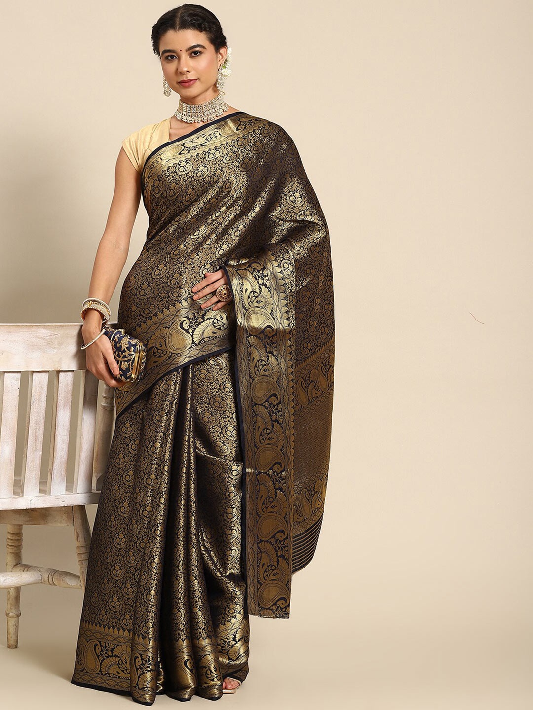 

Ambuja International Woven Design Zari Banarasi Saree, Navy blue