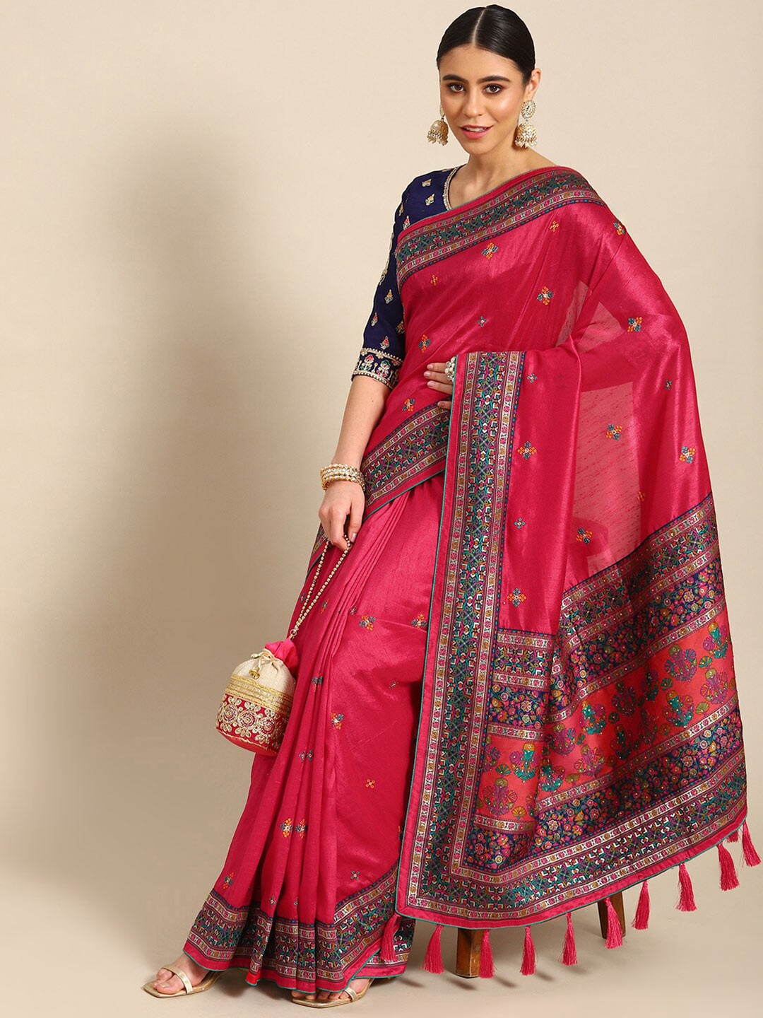 

Ambuja International Pink & Navy Blue Ethnic Motifs Zari Pure Silk Banarasi Saree