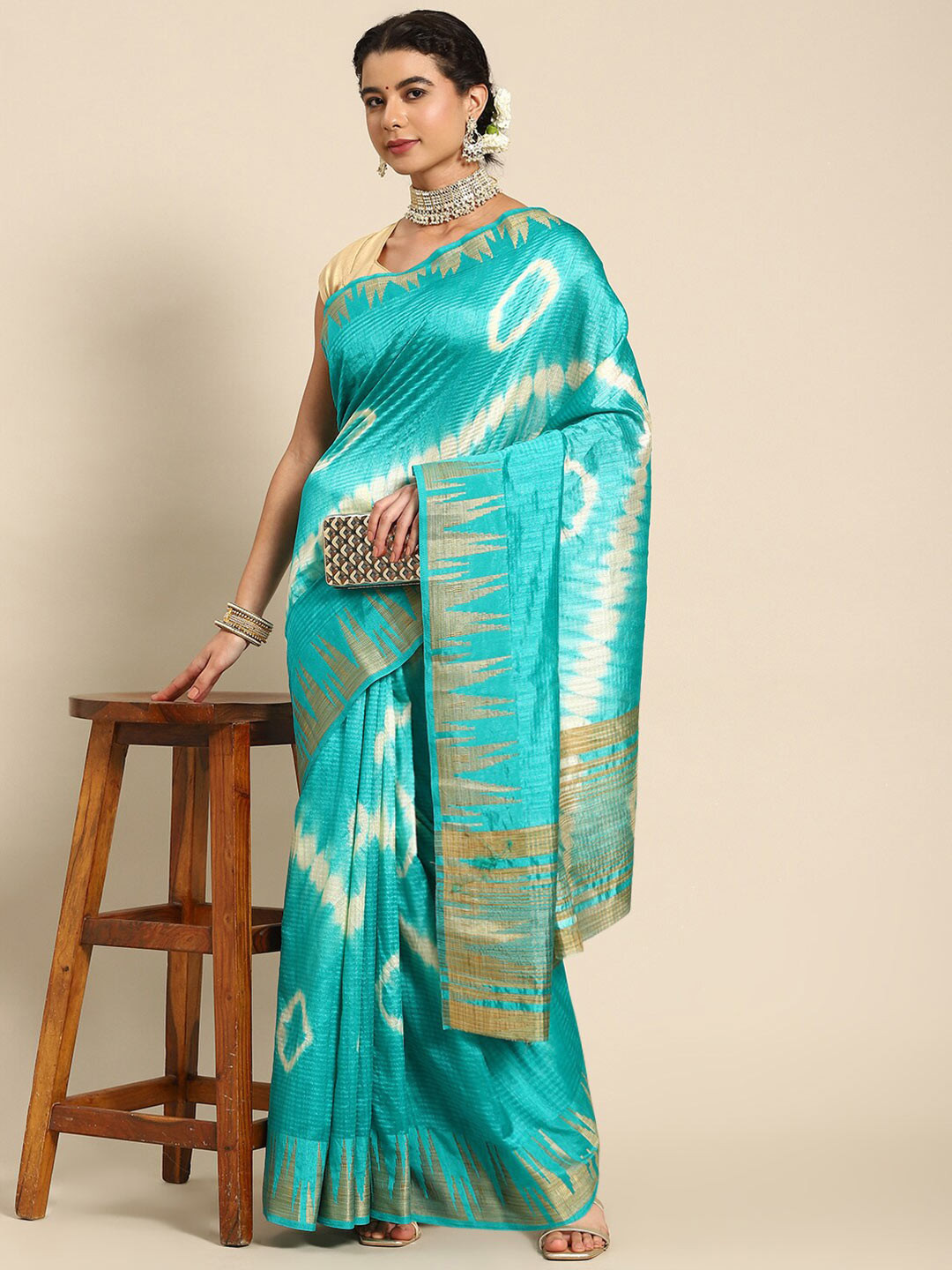 

Ambuja International Bandhani Zari Silk Blend Banarasi Saree, Sea green