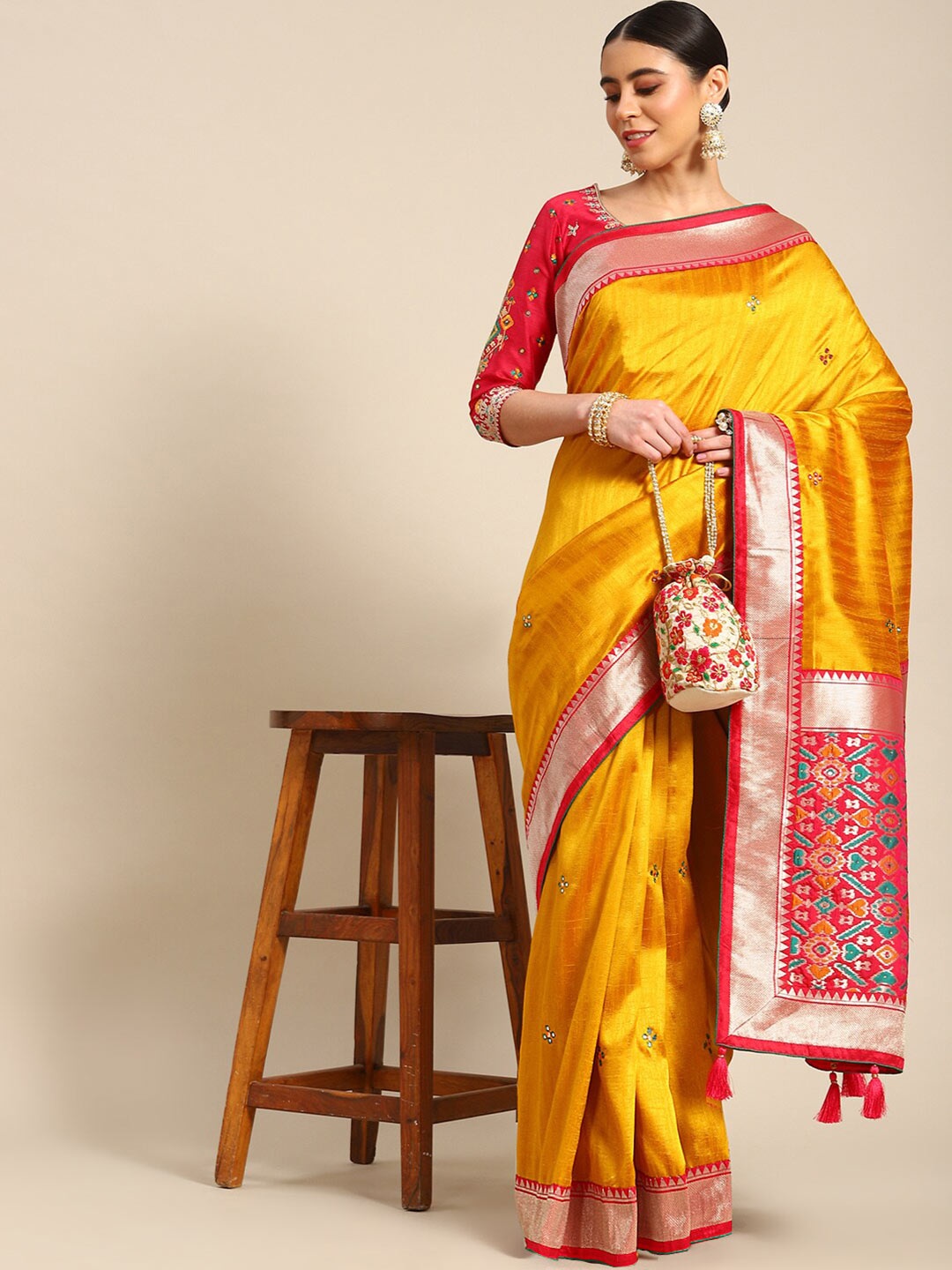 

Ambuja International Woven Design Zari Pure Silk Banarasi Saree, Mustard
