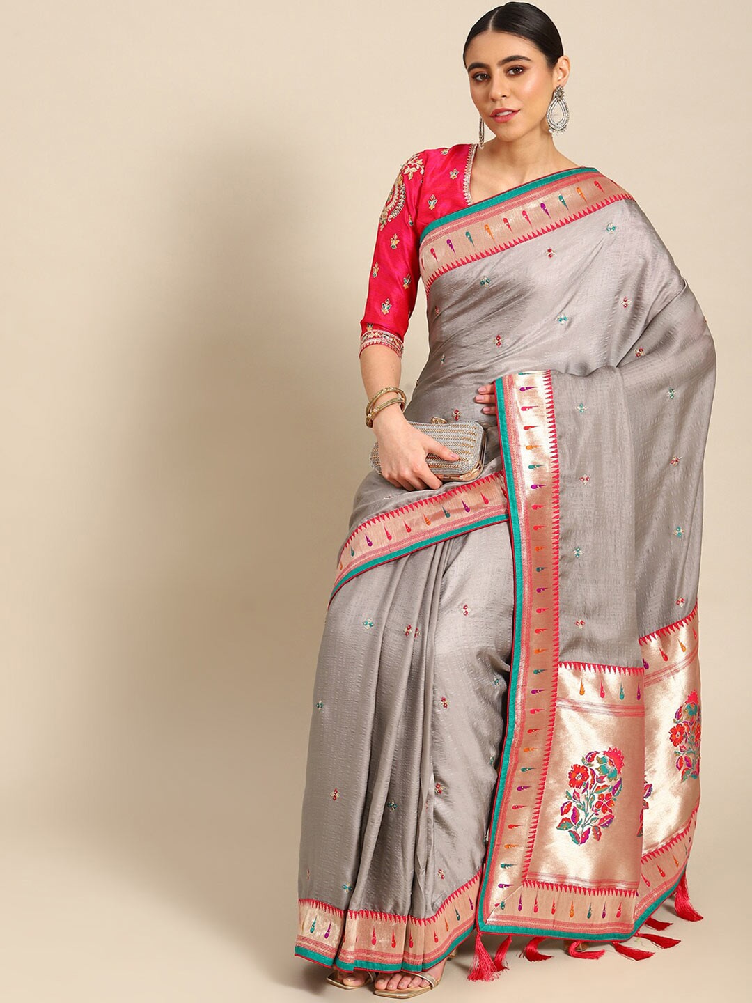 

Ambuja International Ethnic Motifs Zari Pure Silk Banarasi Saree, Grey