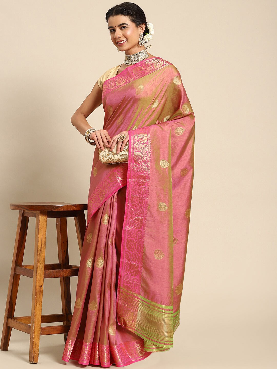 

Ambuja International Woven Design Zari Silk Blend Banarasi Saree, Pink