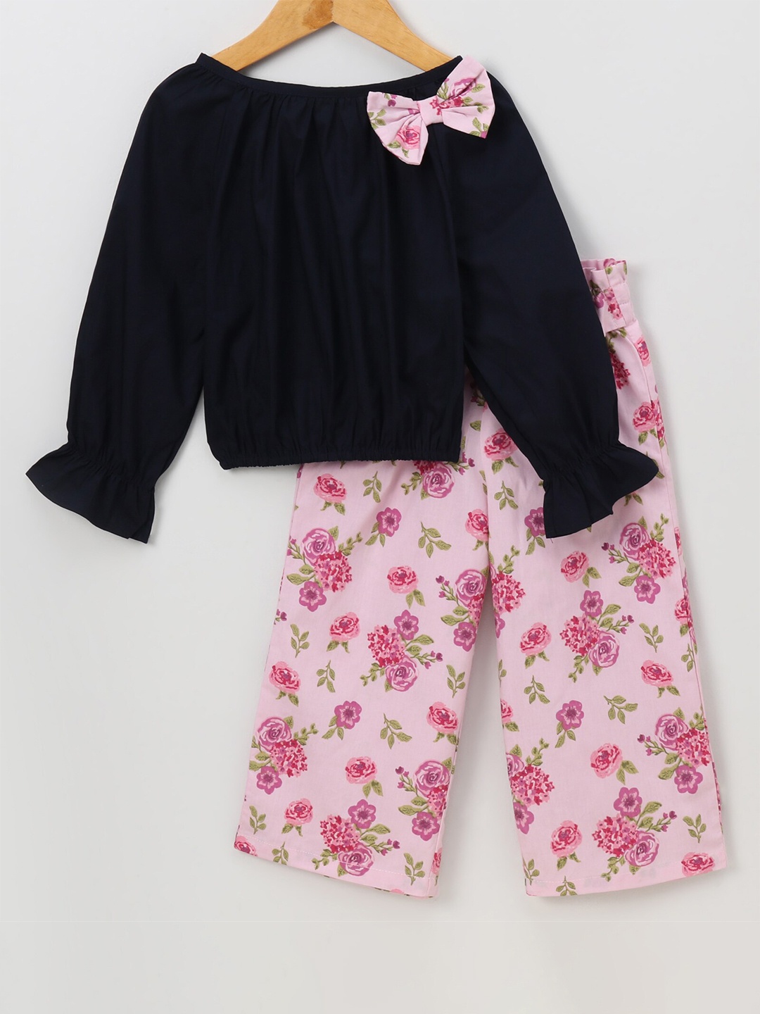 

CrayonFlakes Girls Printed Pure Cotton Top with Palazzos, Navy blue