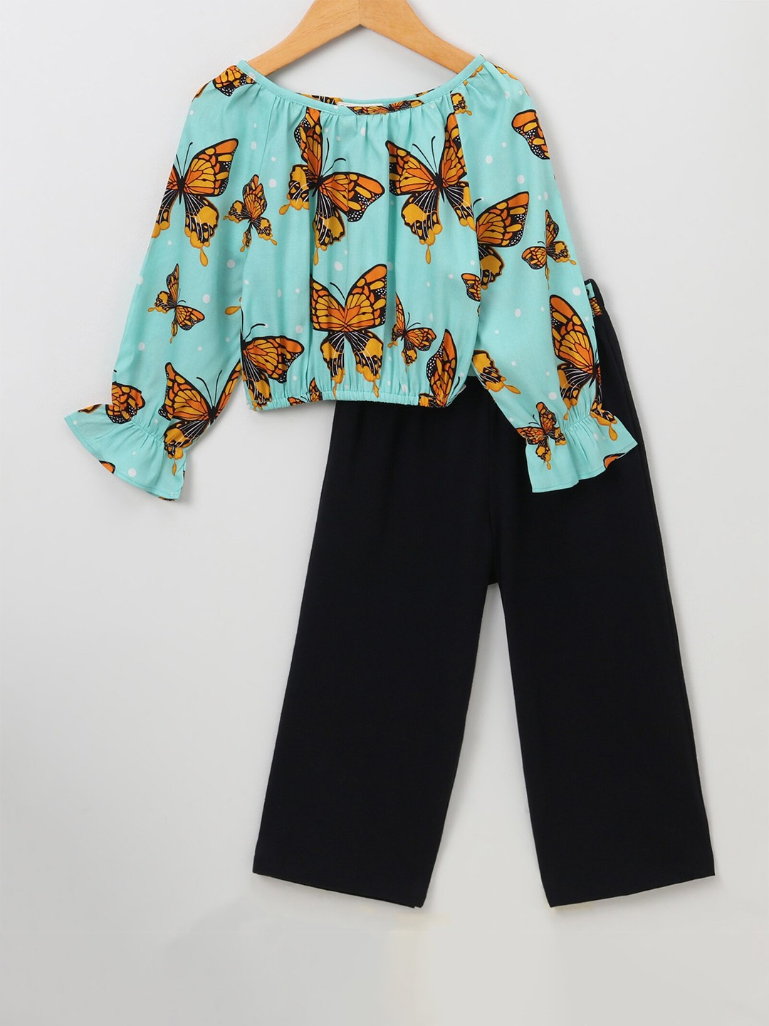 

CrayonFlakes Girls Pure Cotton Printed Top with Palazzos, Sea green
