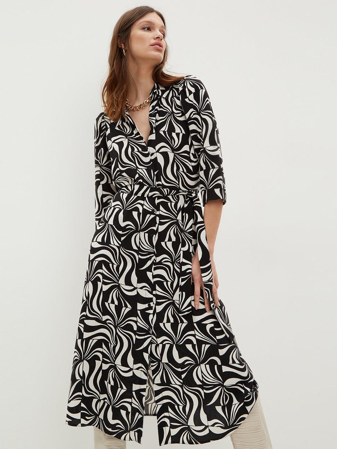 

DOROTHY PERKINS Printed Shirt Midi Dress, Black