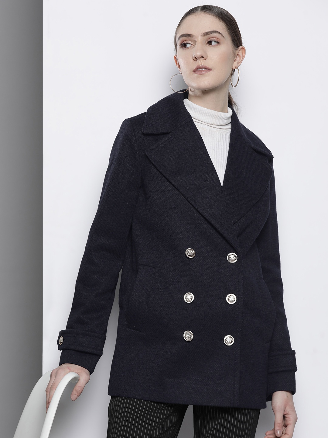 

DOROTHY PERKINS Solid Military Button Peacoat, Navy blue