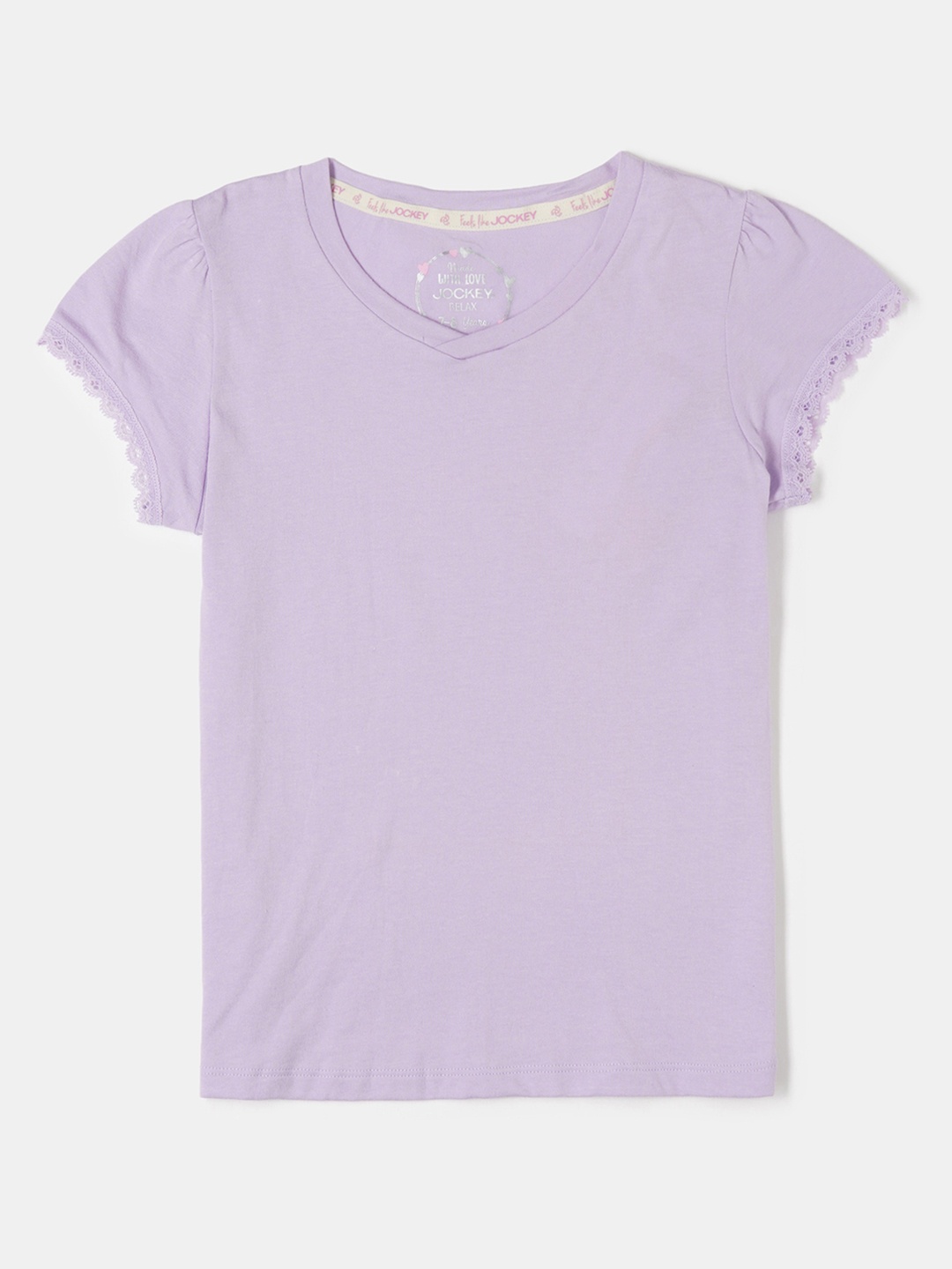 

Jockey Girls Super Combed Cotton Solid Short Sleeve Relaxed Fit V Neck Tshirt-RG01, Lavender