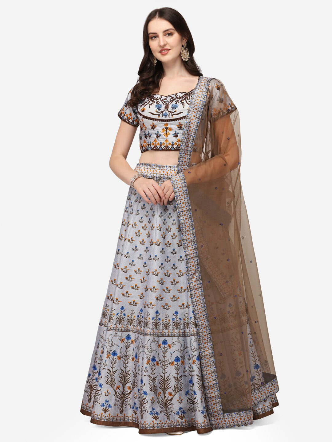 

SAPTRANGI Embroidered Thread Work Semi-Stitched Lehenga & Unstitched Blouse With Dupatta, Grey