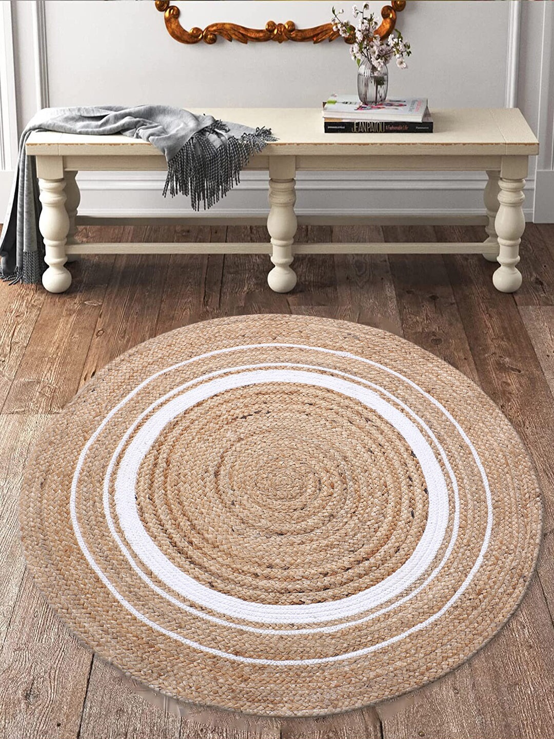 

Kuber Industries White & Beige Braided Anti-Skid Jute Round Carpet