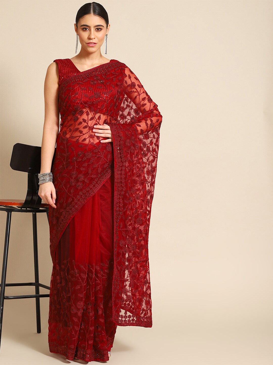 

Ambuja International Floral Embroidered Net Saree, Maroon
