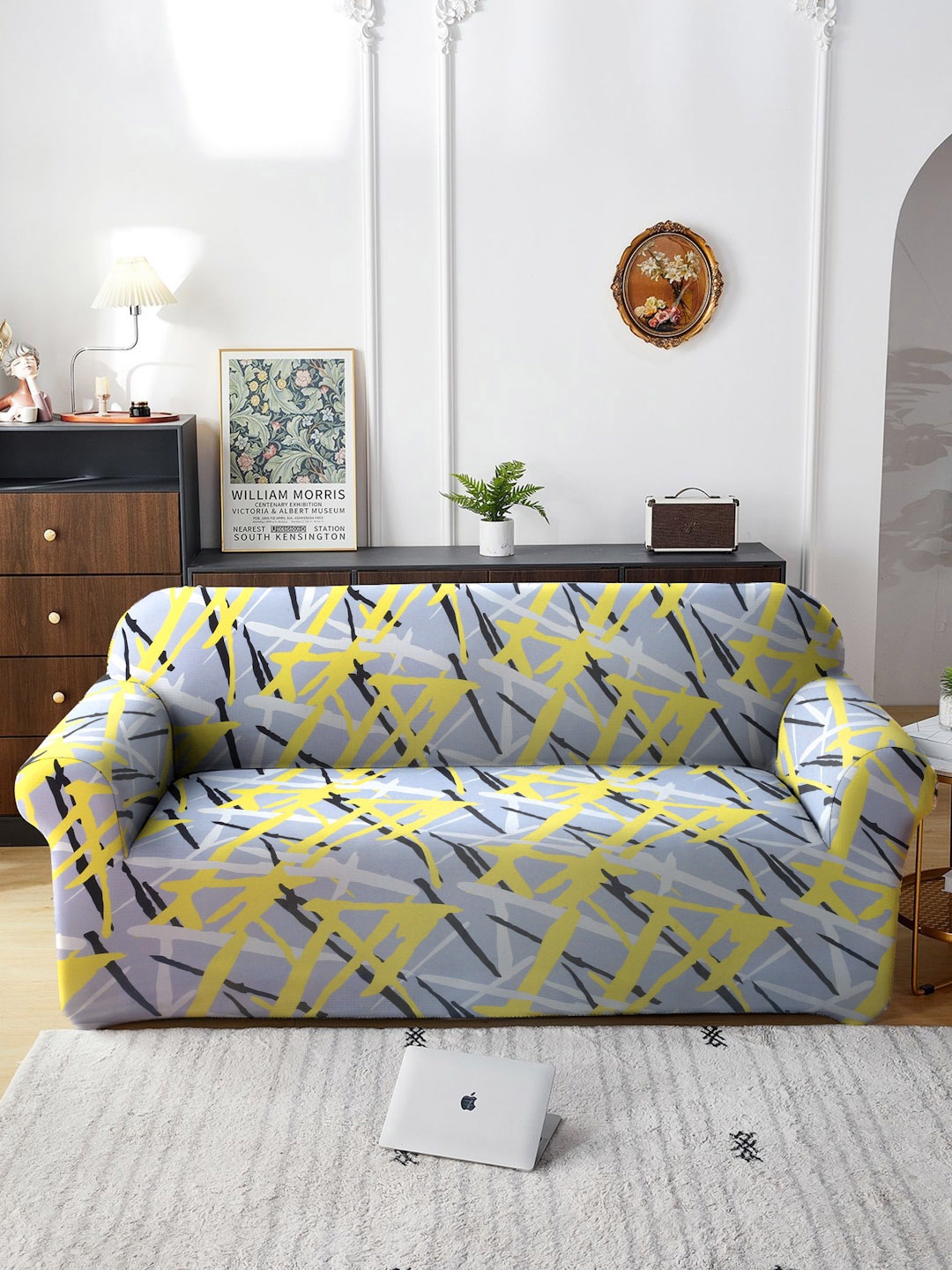 

Cortina Grey & Yellow Abstract Printed 3-Seater Sofa Cover
