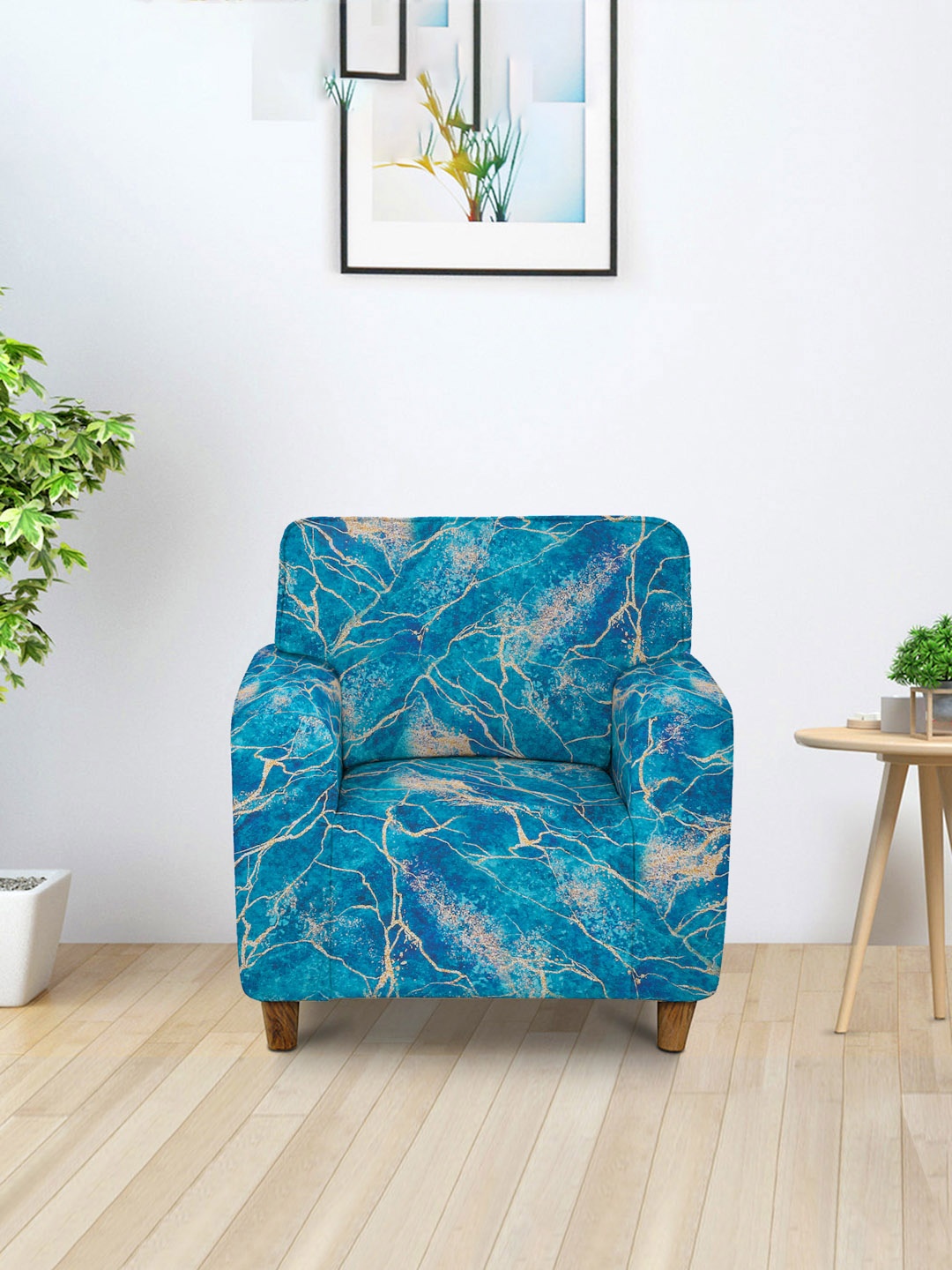 Cortina Teal Green & Yellow Abstract Printed 1-Seater Sofa Cover
