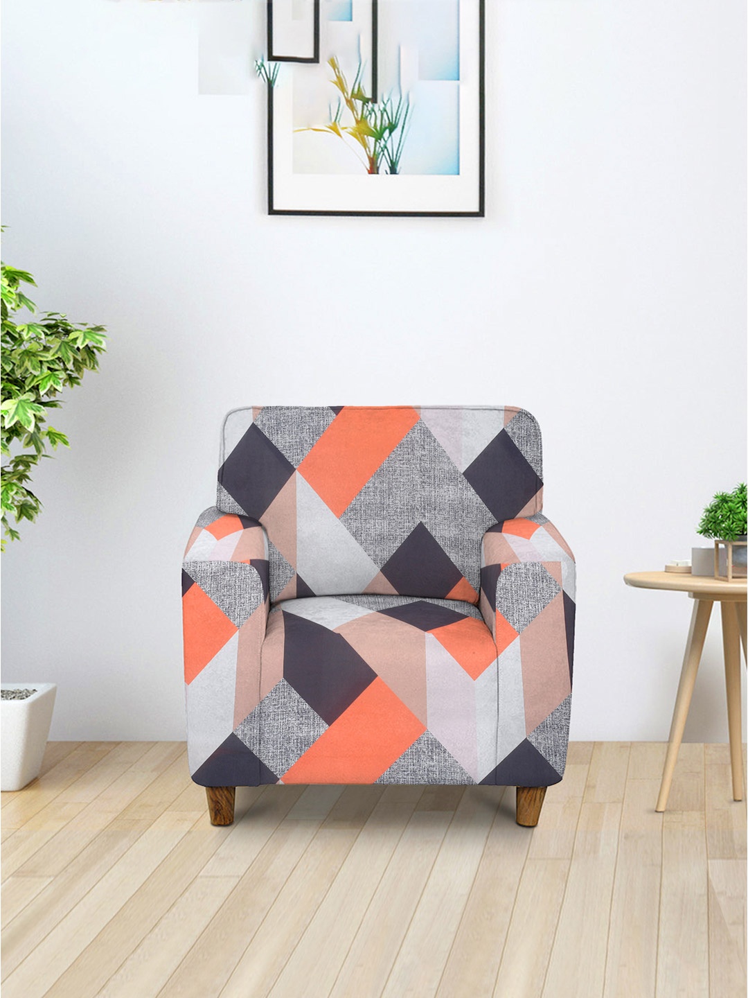 Cortina Orange & White Geometric Printed 1-Seater Sofa Cover