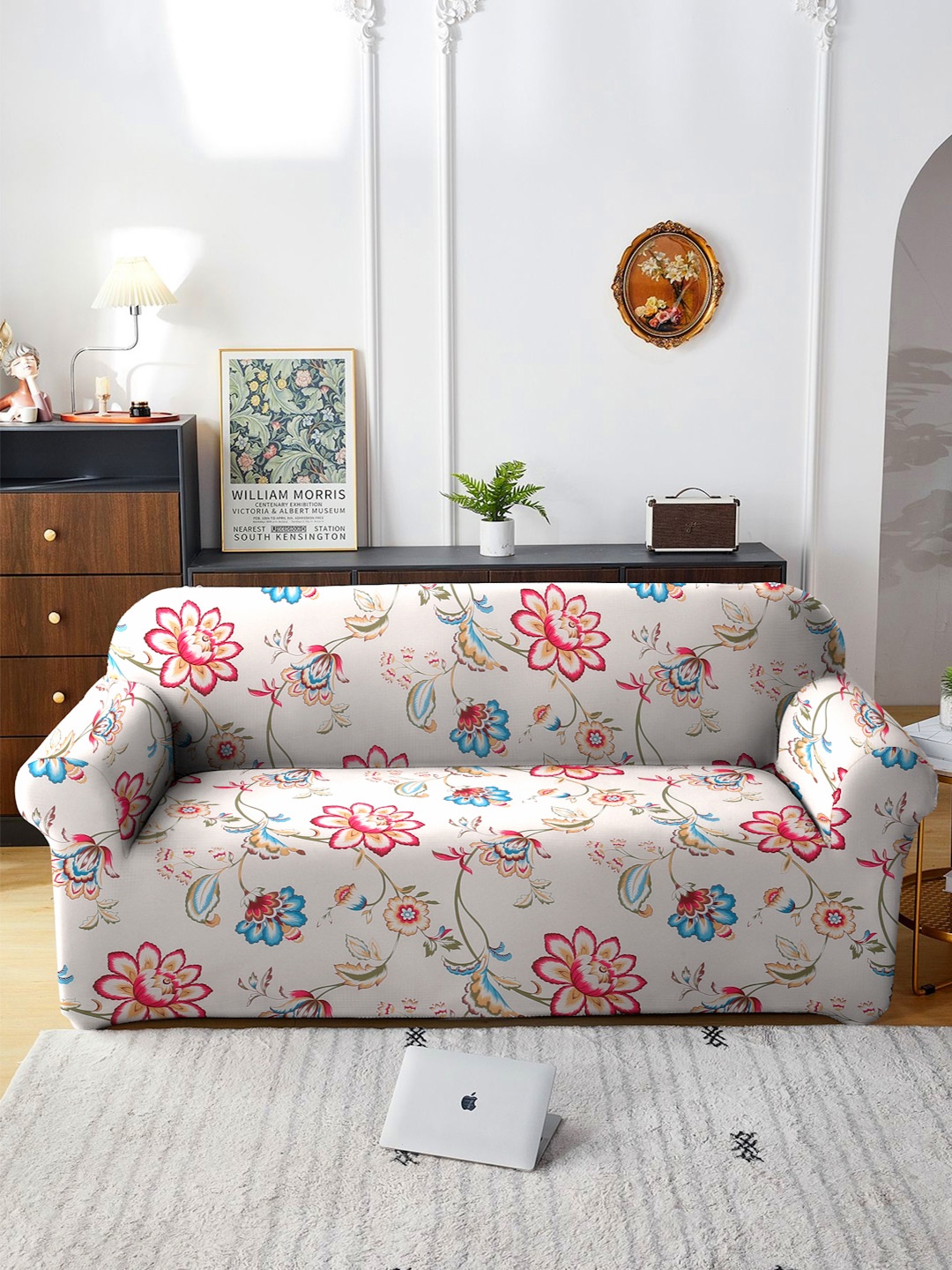 

Cortina Beige & Turquoise Blue Floral Printed Three Seater Sofa Cover