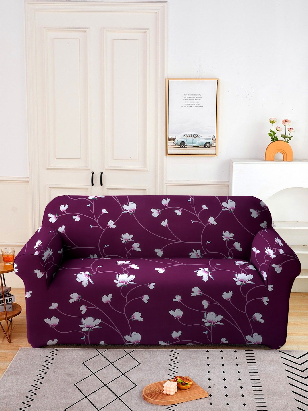 

Cortina Purple & White Printed Double Seater Sofa Cover