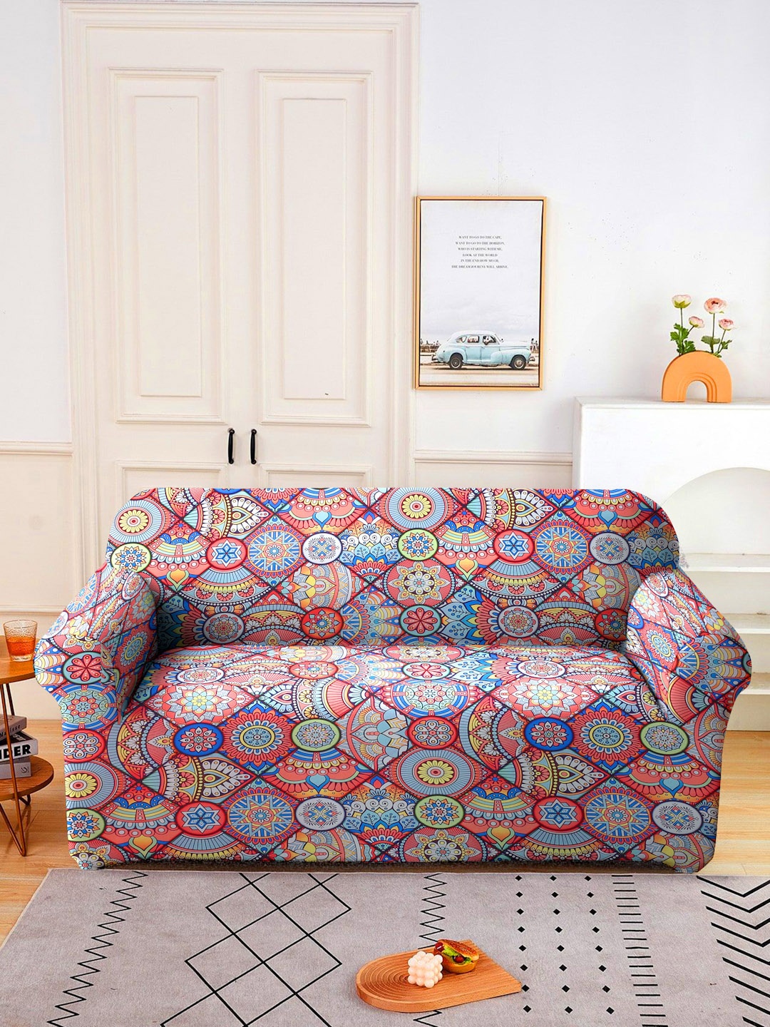 Cortina Blue & Red Printed Double-Seater Sofa Cover