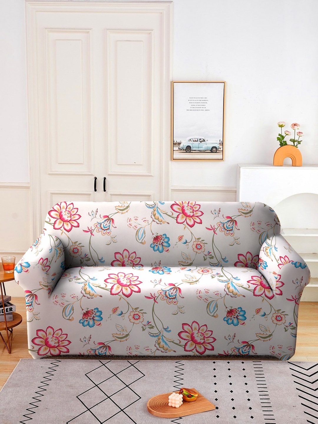 Cortina Beige & Pink Floral Printed Double Seater Sofa Cover