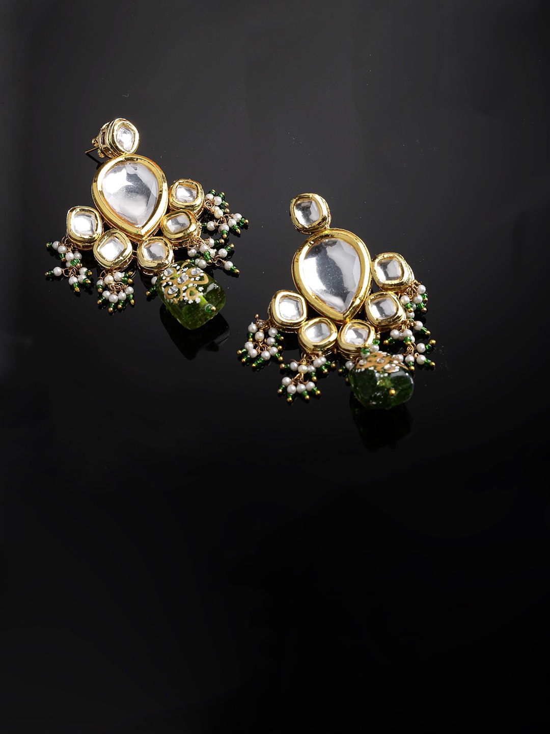 

DUGRISTYLE Gold Plated Classic Drop Earrings With Kundan & Pearls, Green