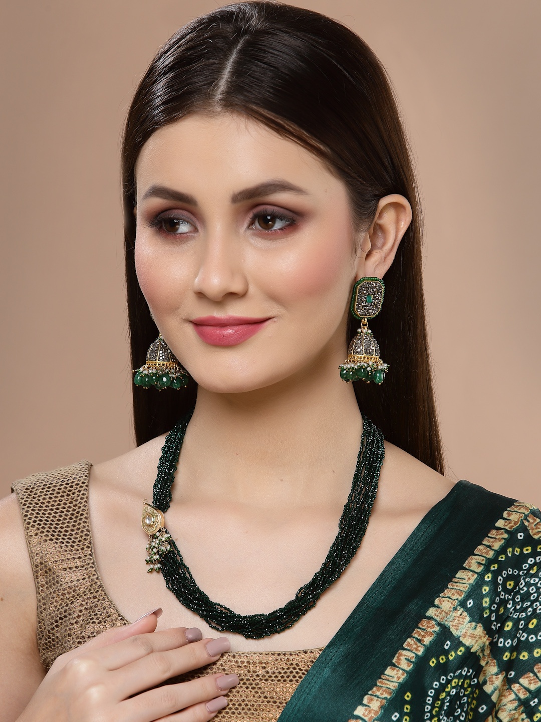 

DUGRISTYLE Gold Plated Classic Jhumkas Earrings With American Diamonds & Pearls, Green