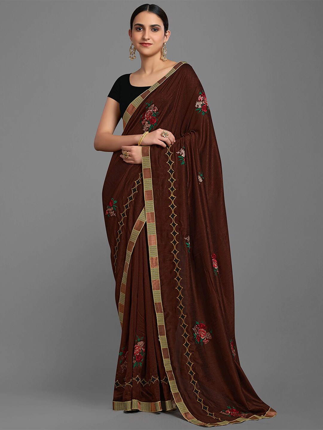 

HRITIKA Floral Embroidered Silk Blend Saree, Brown