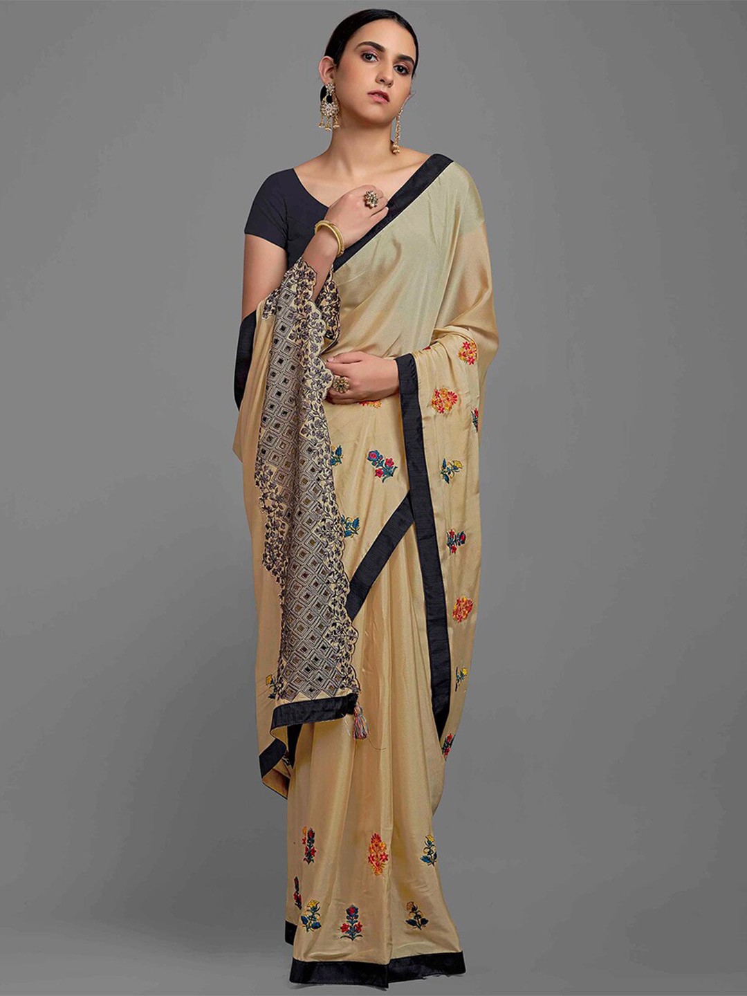 

HRITIKA Floral Embroidered Satin Saree, Beige