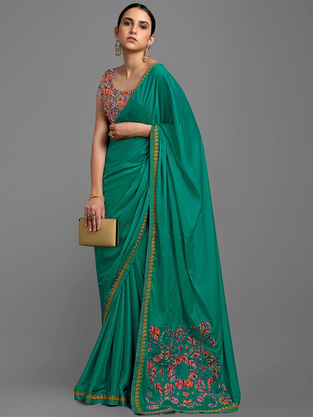 

HRITIKA Embroidered Satin Saree, Sea green