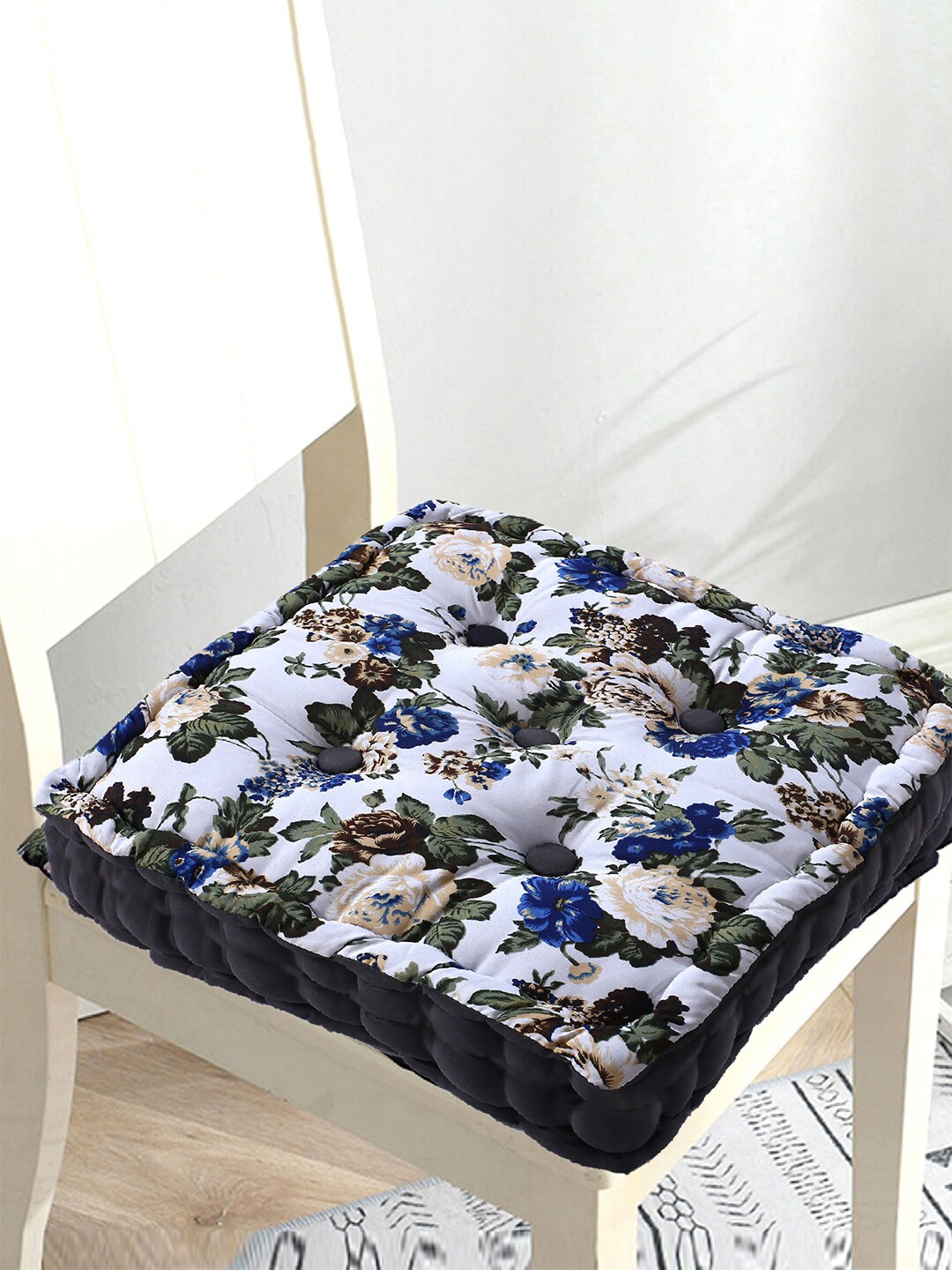 

Kuber Industries Set Of 4 Floral Printed Microfiber Cotton Seat Square Cushion Chair Pads, White