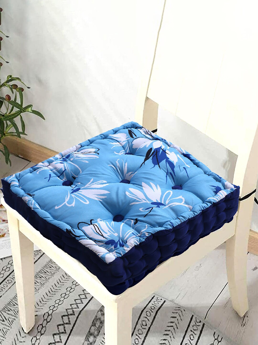Kuber Industries Floral Printed Square Microfiber Cotton Chair Pad, Blue