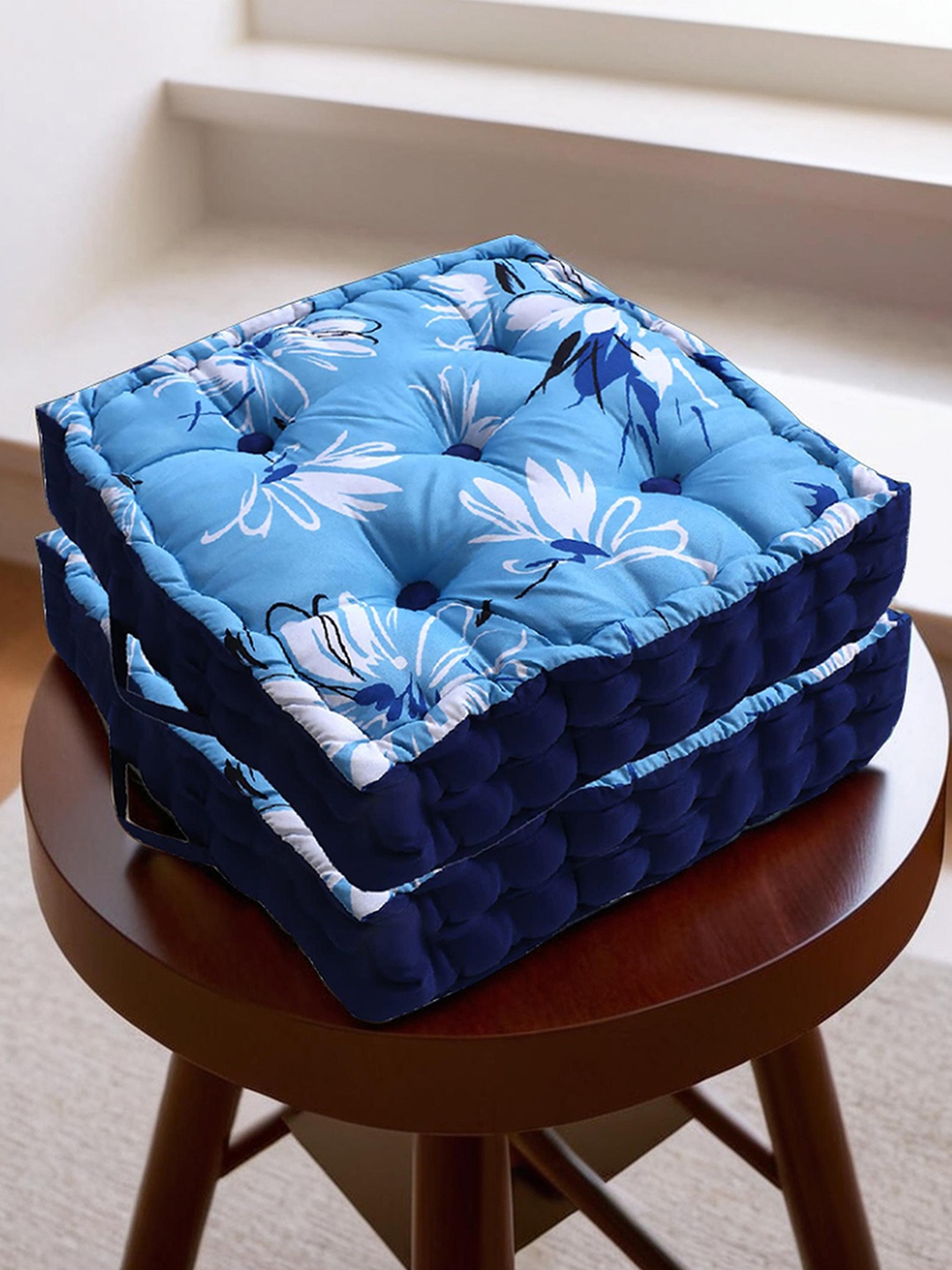 

Kuber Industries Set Of 2 Blue Floral Printed Cotton Square Chair Pads