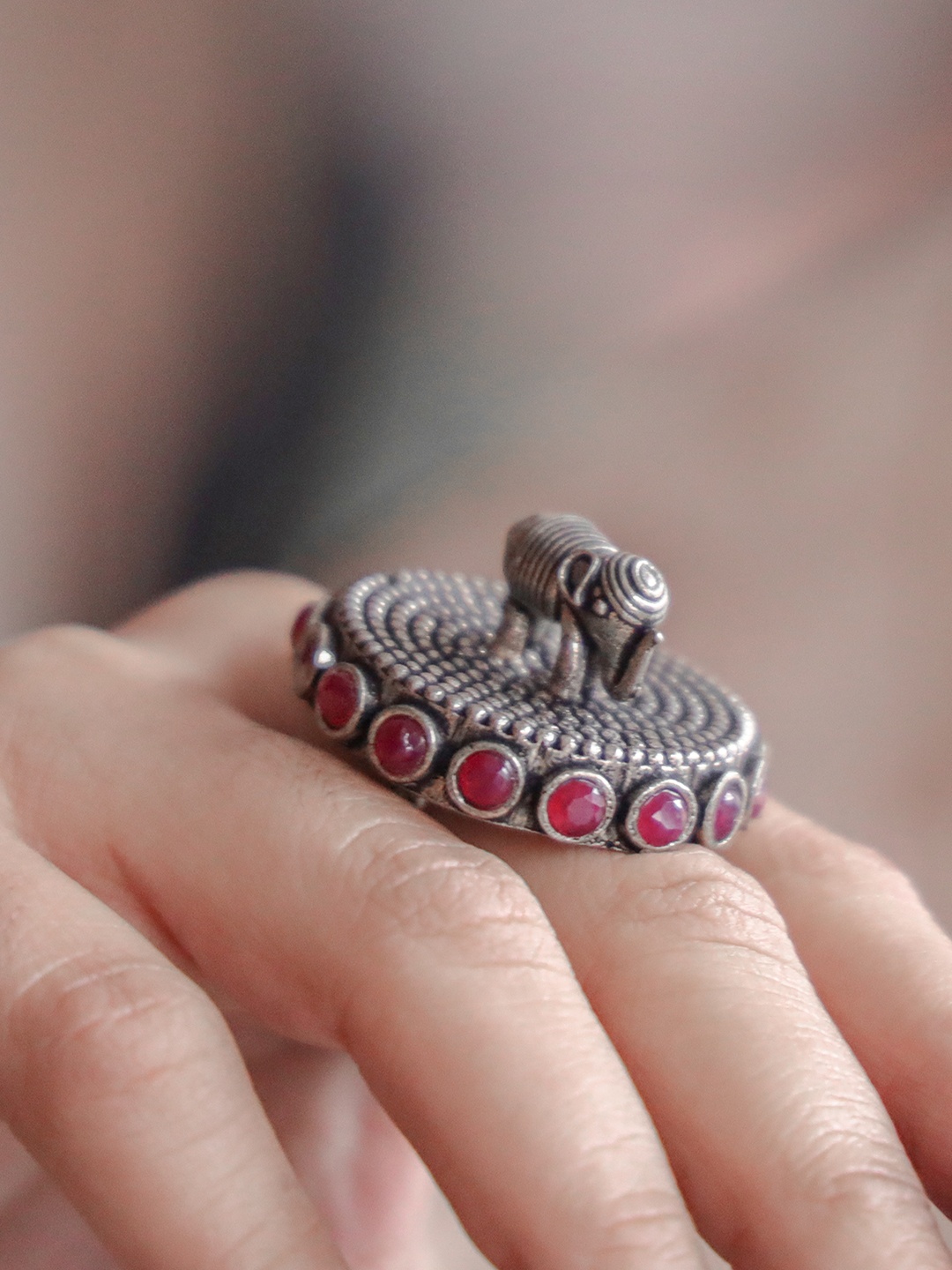 

Ozanoo Oxidised Designer Elephant Zircon Stone-studded Adjustable Finger Ring, Silver