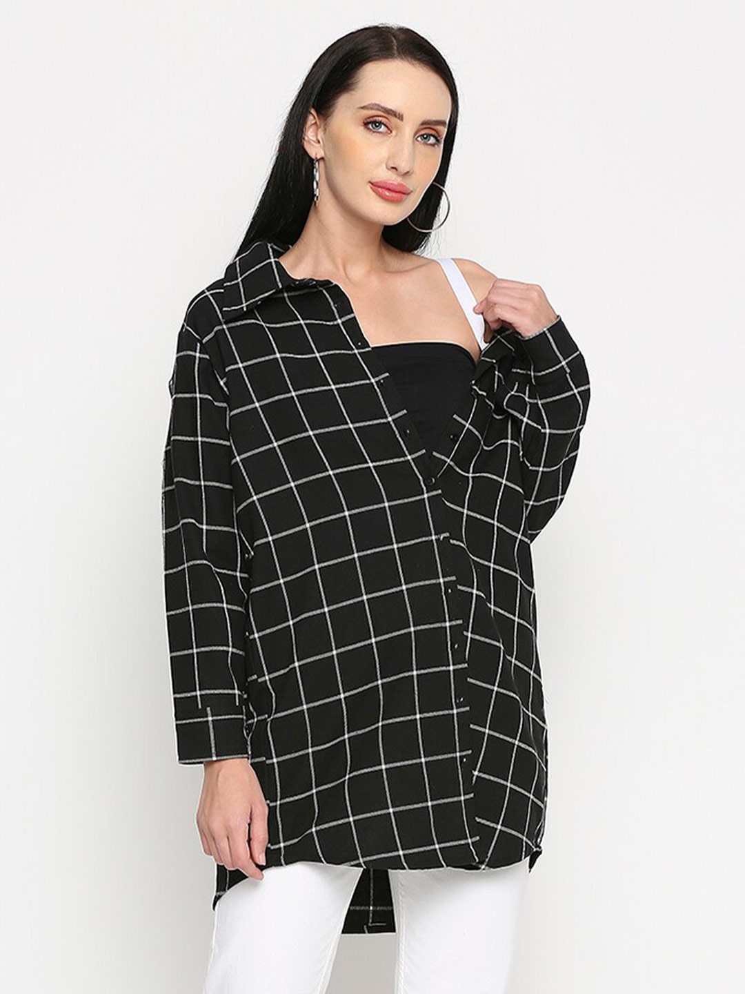 

Remanika Women Cotton Comfort Windowpane Checks Checked Casual Shirt, Black