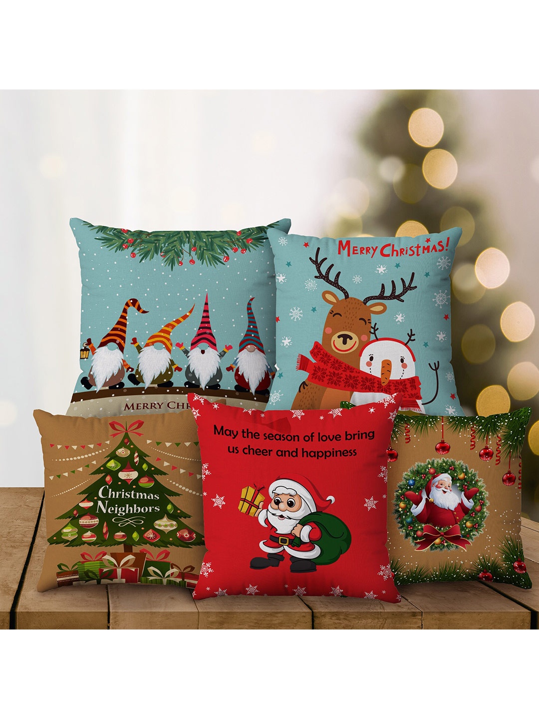 

Rubix Home Blue & Camel Brown Set of 5 Printed Square Cushion Covers