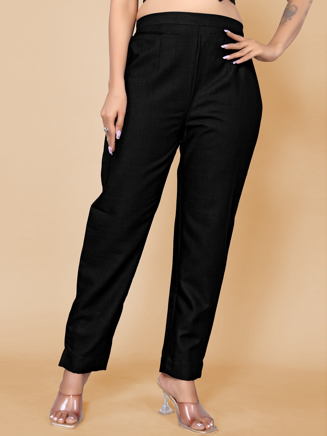 

Sangria Women Regular Fit Plain Cotton Trousers, Black