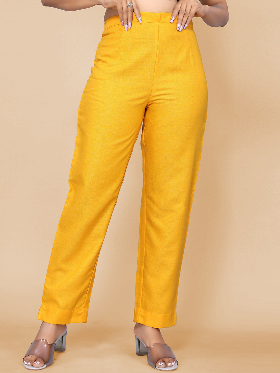 

Sangria Women Regular Fit Plain Casual Cotton Trousers, Mustard